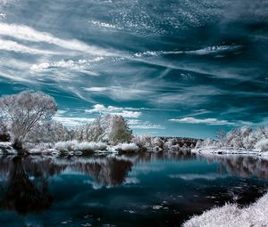 Preview wallpaper lake, winter, trees, clouds, reflection, hoarfrost, colors