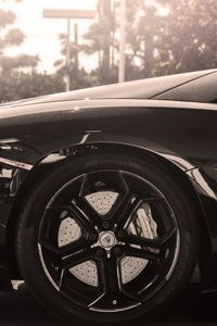 Preview wallpaper lamborghini, aventador, black, wheel, drive, sun