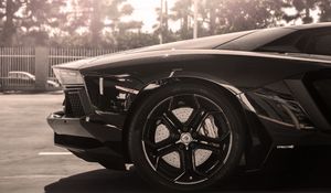 Preview wallpaper lamborghini, aventador, black, wheel, drive, sun