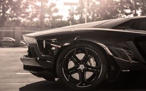 Preview wallpaper lamborghini, aventador, black, wheel, drive, sun