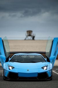 Preview wallpaper lamborghini, aventador, blue, front view