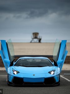 Preview wallpaper lamborghini, aventador, blue, front view