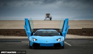 Preview wallpaper lamborghini, aventador, blue, front view