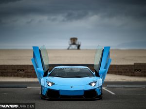 Preview wallpaper lamborghini, aventador, blue, front view