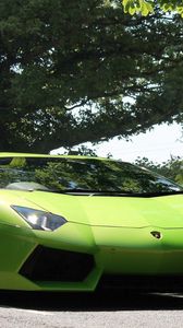 Preview wallpaper lamborghini, aventador, front view, green, lights, trees, sky