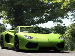 Preview wallpaper lamborghini, aventador, front view, green, lights, trees, sky