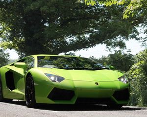 Preview wallpaper lamborghini, aventador, front view, green, lights, trees, sky