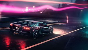 Preview wallpaper lamborghini aventador, lamborghini, sportscar, gray, side view, track, night, lights