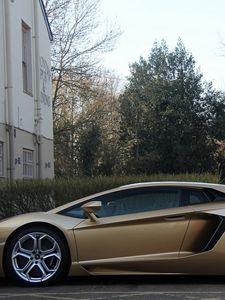 Preview wallpaper lamborghini, aventador, profile, red, black, wheels