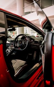 Preview wallpaper lamborghini, car, red, steering wheel, salon