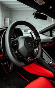 Preview wallpaper lamborghini, car, steering wheel, salon, seat, red