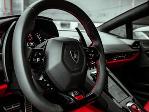 Preview wallpaper lamborghini, car, steering wheel, salon, seat, red