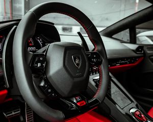 Preview wallpaper lamborghini, car, steering wheel, salon, seat, red