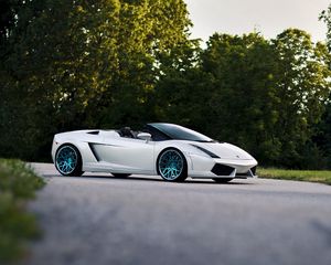 Preview wallpaper lamborghini, cars, street, trees