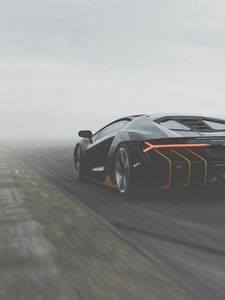 Preview wallpaper lamborghini centenario, lamborghini, sportscar, black, rear view, track, fog