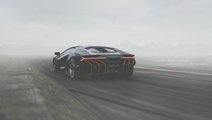 Preview wallpaper lamborghini centenario, lamborghini, sportscar, black, rear view, track, fog