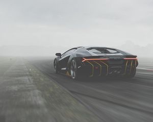 Preview wallpaper lamborghini centenario, lamborghini, sportscar, black, rear view, track, fog