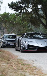 Preview wallpaper lamborghini, mercedes, cars, silver, road