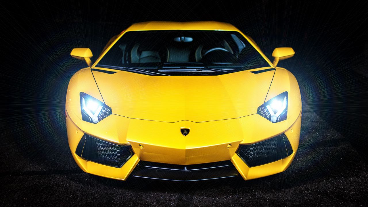 Wallpaper lamborghini, yellow, sports car, headlight, front view
