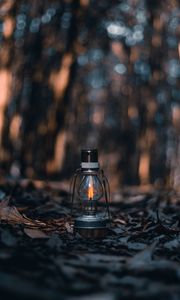 Preview wallpaper lamp, lantern, fire, leaves, dry, autumn