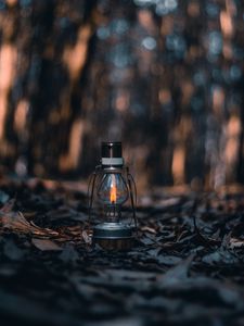 Preview wallpaper lamp, lantern, fire, leaves, dry, autumn