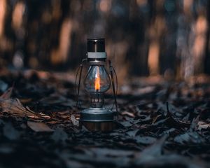 Preview wallpaper lamp, lantern, fire, leaves, dry, autumn