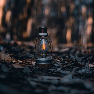 Preview wallpaper lamp, lantern, fire, leaves, dry, autumn