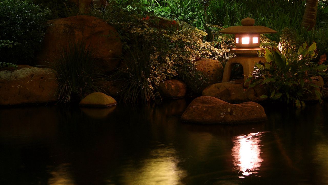 Wallpaper lamp, pond, light, china, stones, reflection, night, vegetation