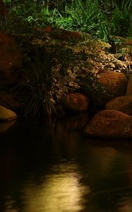 Preview wallpaper lamp, pond, light, china, stones, reflection, night, vegetation