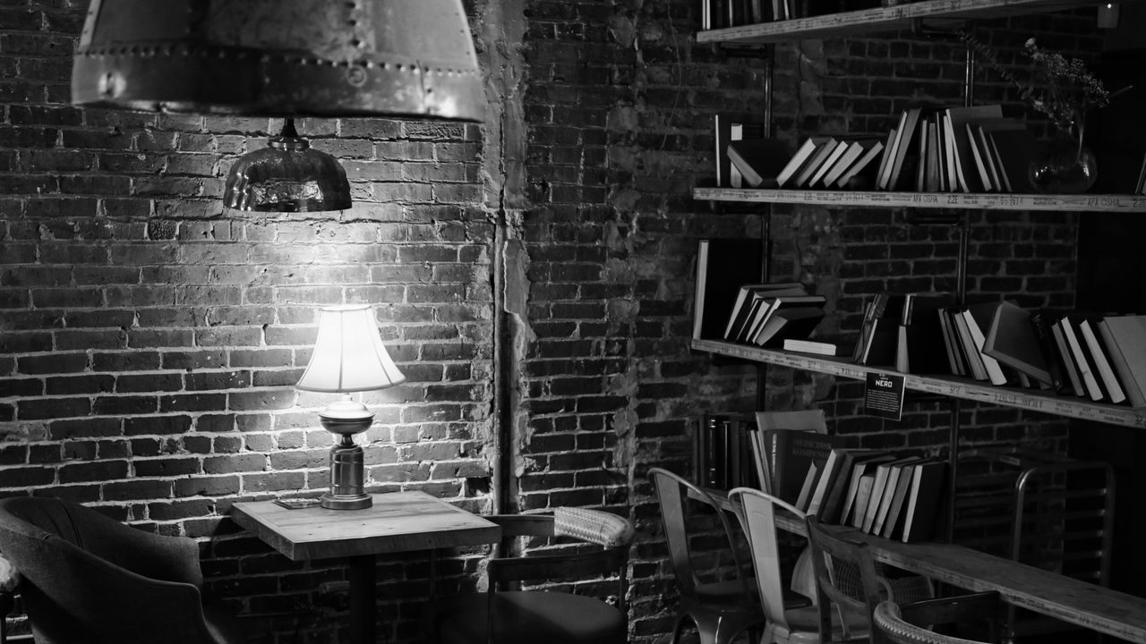 Wallpaper lamp, table, bricks, interior, black and white