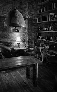 Preview wallpaper lamp, table, bricks, interior, black and white