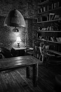 Preview wallpaper lamp, table, bricks, interior, black and white