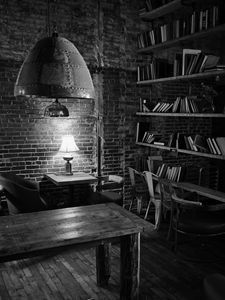 Preview wallpaper lamp, table, bricks, interior, black and white