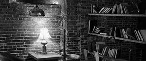 Preview wallpaper lamp, table, bricks, interior, black and white