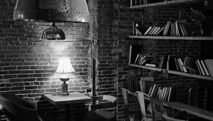 Preview wallpaper lamp, table, bricks, interior, black and white