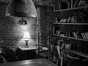 Preview wallpaper lamp, table, bricks, interior, black and white