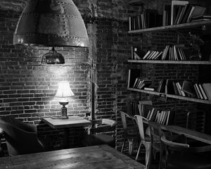 Preview wallpaper lamp, table, bricks, interior, black and white