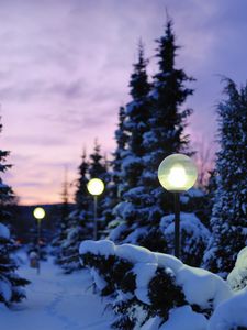 Preview wallpaper lamps, snow, winter, evening