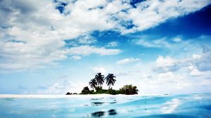 Preview wallpaper land, island, sea, clearly, blue water, sky, clouds, uninhabited, palm trees