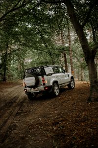 Preview wallpaper land rover, car, suv, rear view, forest