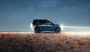 Preview wallpaper land rover defender, land rover, car, suv, gray, night