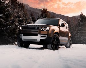 Preview wallpaper land rover defender, land rover, car, suv, brown, front view