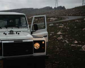 Preview wallpaper land rover defender, land rover, car, white, suv, road