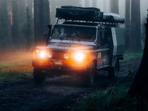 Preview wallpaper land rover defender, land rover, suv, car, fog