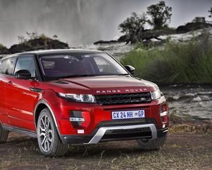 Preview wallpaper land rover, range rover, evoque, south africa, waterfall, jeep, red, vehicle
