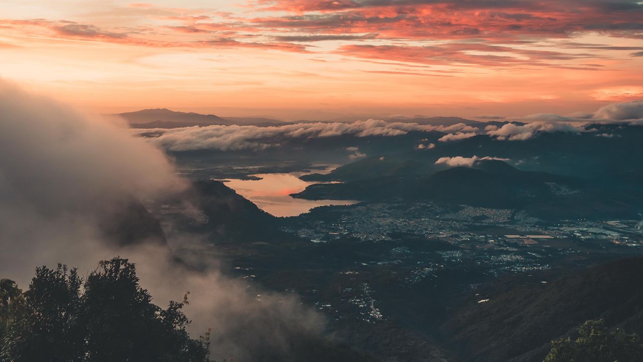 Wallpaper landscape, aerial view, dusk, clouds, height