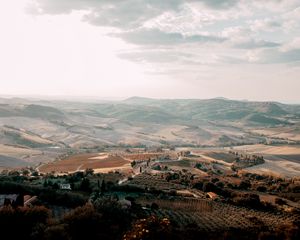 Preview wallpaper landscape, aerial view, fog, commune, montone, italy