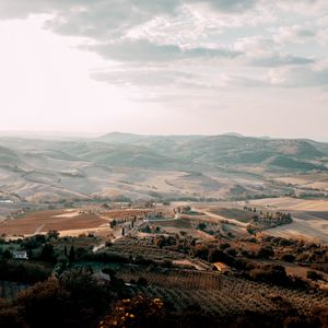 Preview wallpaper landscape, aerial view, fog, commune, montone, italy