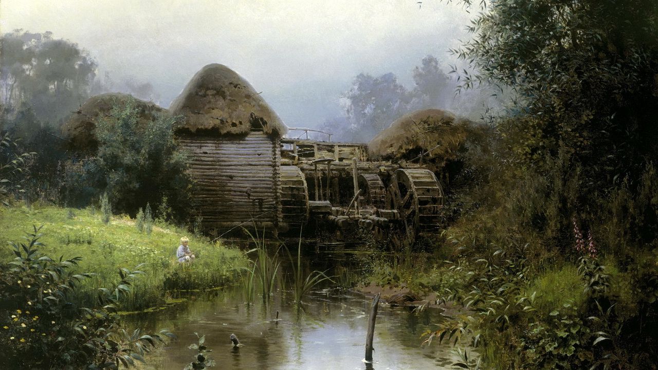 Wallpaper landscape, art, mill, pond, mechanism
