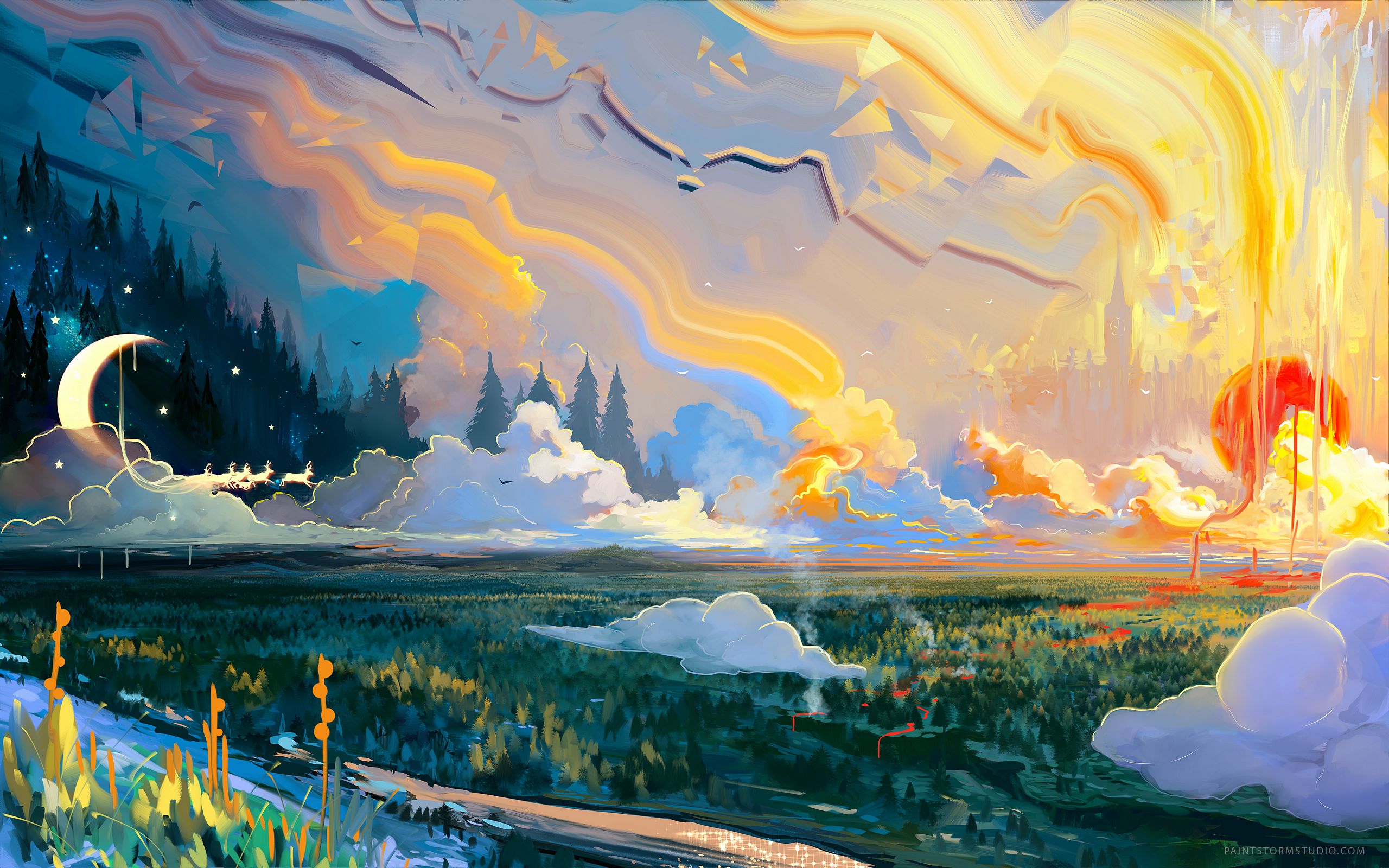 2560x1600 Wallpaper landscape, art, moon, grass, colorful